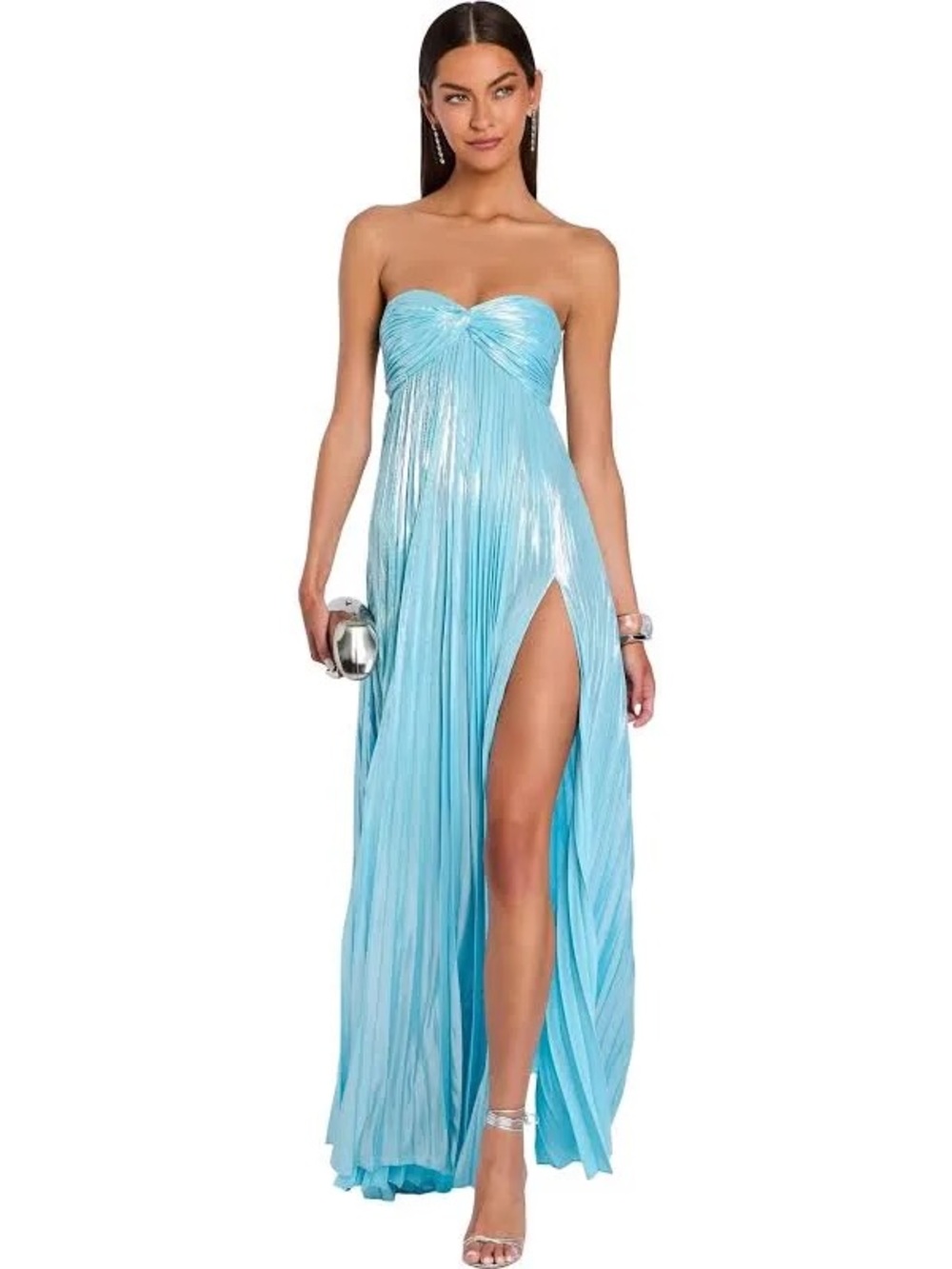 Retrofete Zoa Strapless Metallic Light Blue High-Slit Evening Gown